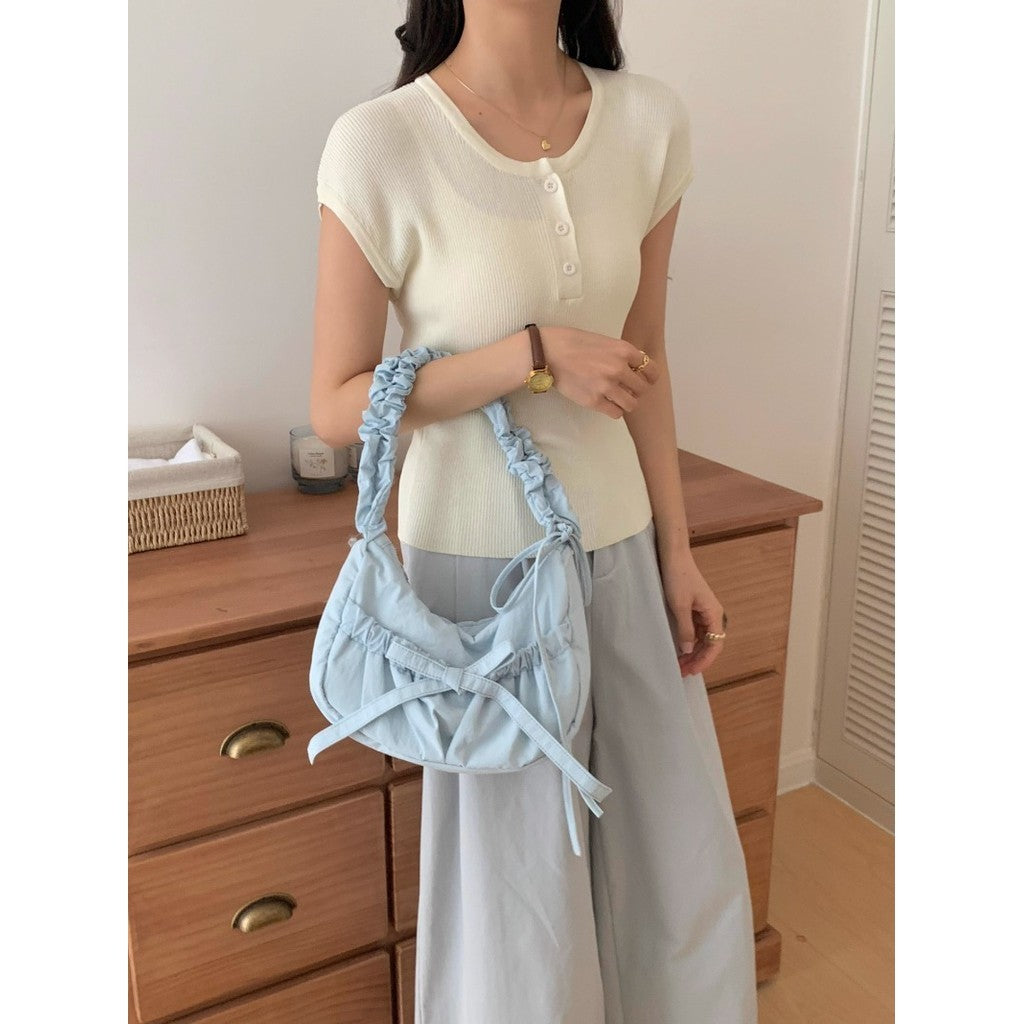Ielgy Casual Unique Pleated Drawstring Lace-Up Nylon Lazy Style Underarm Messenger Bag ins