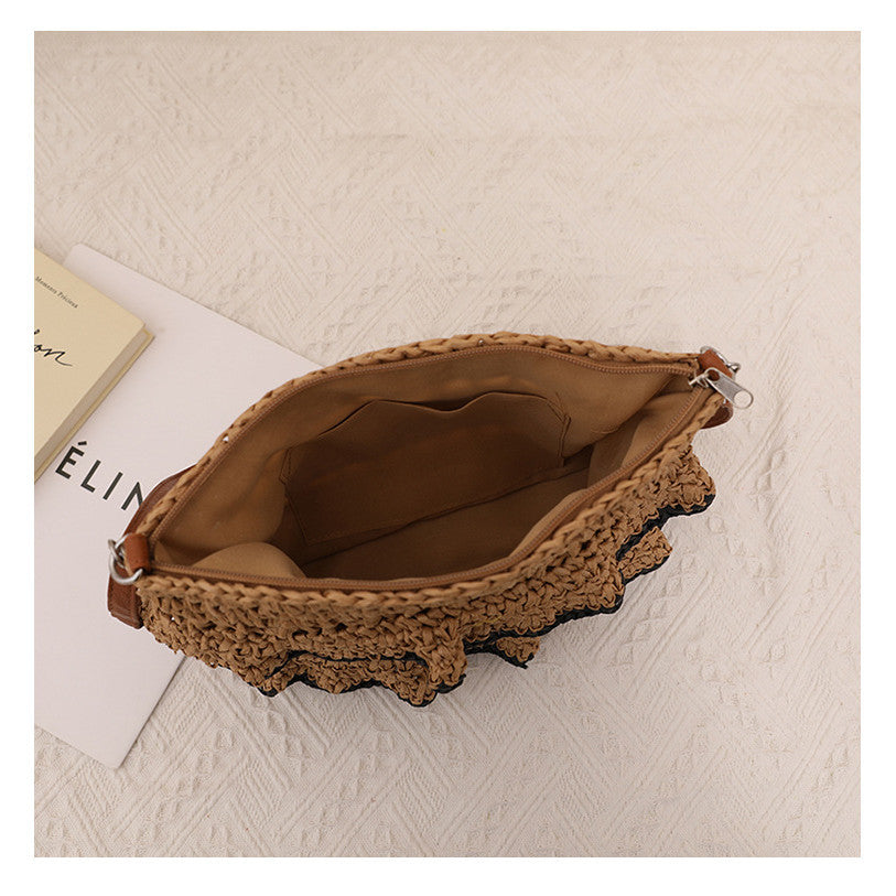 Ielgy Cross-Body Lace Straw Bag Ruffled Colorful Woven Bag Seaside Beach Vacation Bag