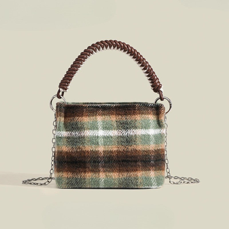 Ielgy Korean Style Lazy Style Portable Plaid Bag Woolen Shoulder Simple Niche Chain Bucket Bag