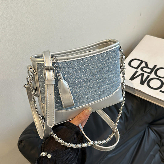 Ielgy Contrast Color Denim Bag All-Match Chain Cross-Body Bucket Bag