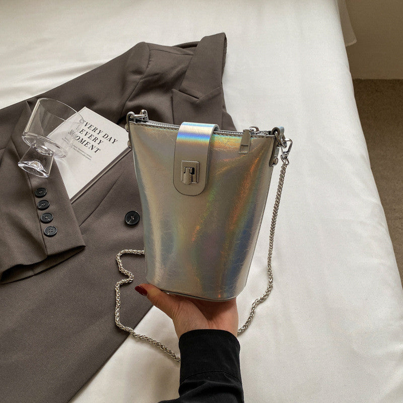 Ielgy Korean Version Casual Silver Bucket Bag Fashion Simple Shoulder Ladies Cross-body Mobile Phone Bag