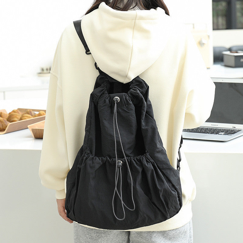 Ielgy Korean Version Casual Literary Canvas Backpack Fashion Nylon Large Capacity School Bag Drawstring Pleated Backpack