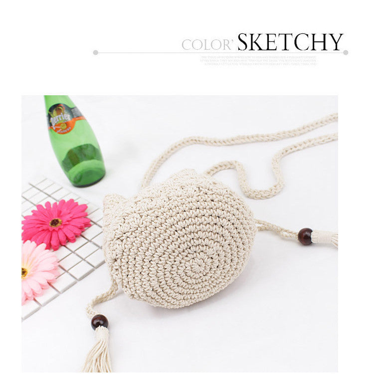 Ielgy Korean Version Cotton Thread Tassel Drawstring Bucket Bag Simple Straw Beach One-Shoulder Woven Mini Messenger Female Bag