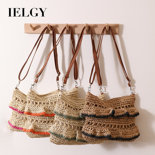 Ielgy Cross-Body Lace Straw Bag Ruffled Colorful Woven Bag Seaside Beach Vacation Bag