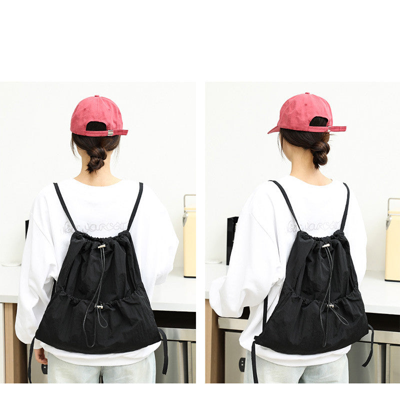 Ielgy Japanese Casual Art Canvas Backpack Fashion Drawstring Pleated School Bag Nylon Large-Capacity Backpack Khaki