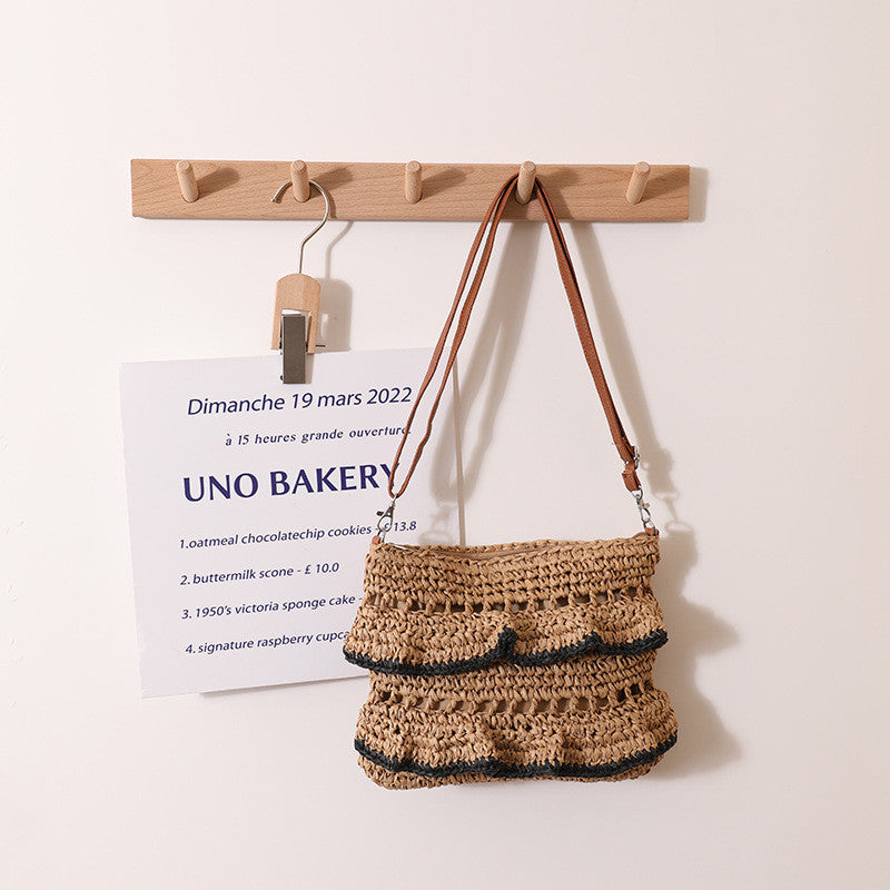 Ielgy Cross-Body Lace Straw Bag Ruffled Colorful Woven Bag Seaside Beach Vacation Bag
