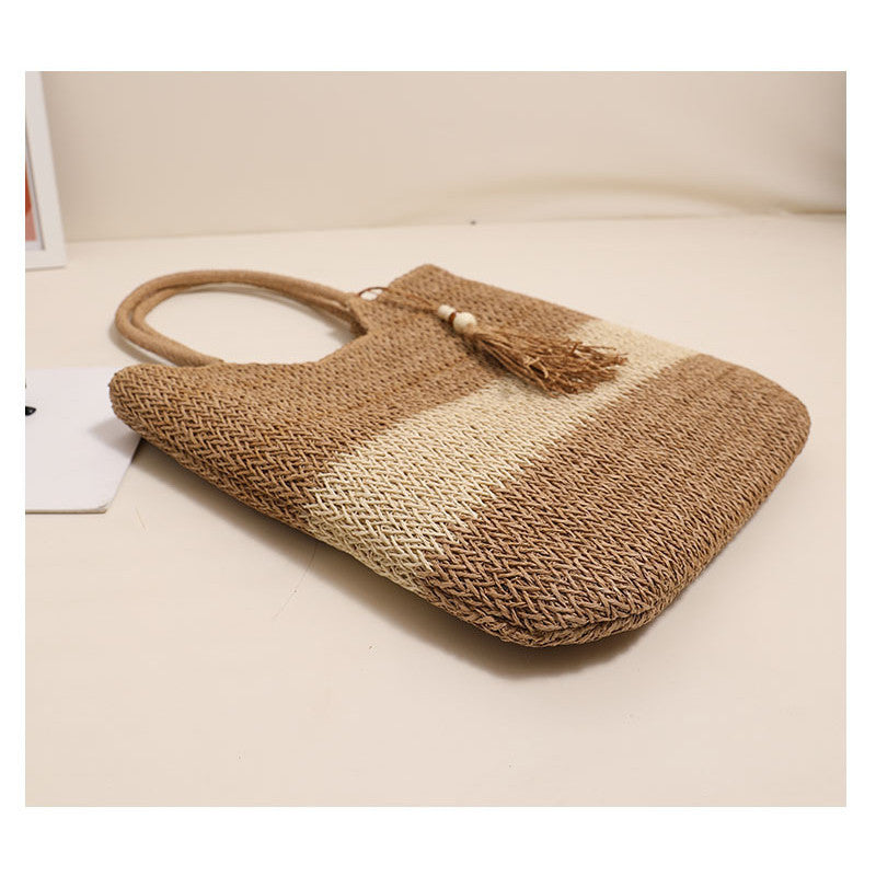 Ielgy Ladies Two-Color Tassel Woven Bag Fashion One-Shoulder Casual Straw Beach Bag