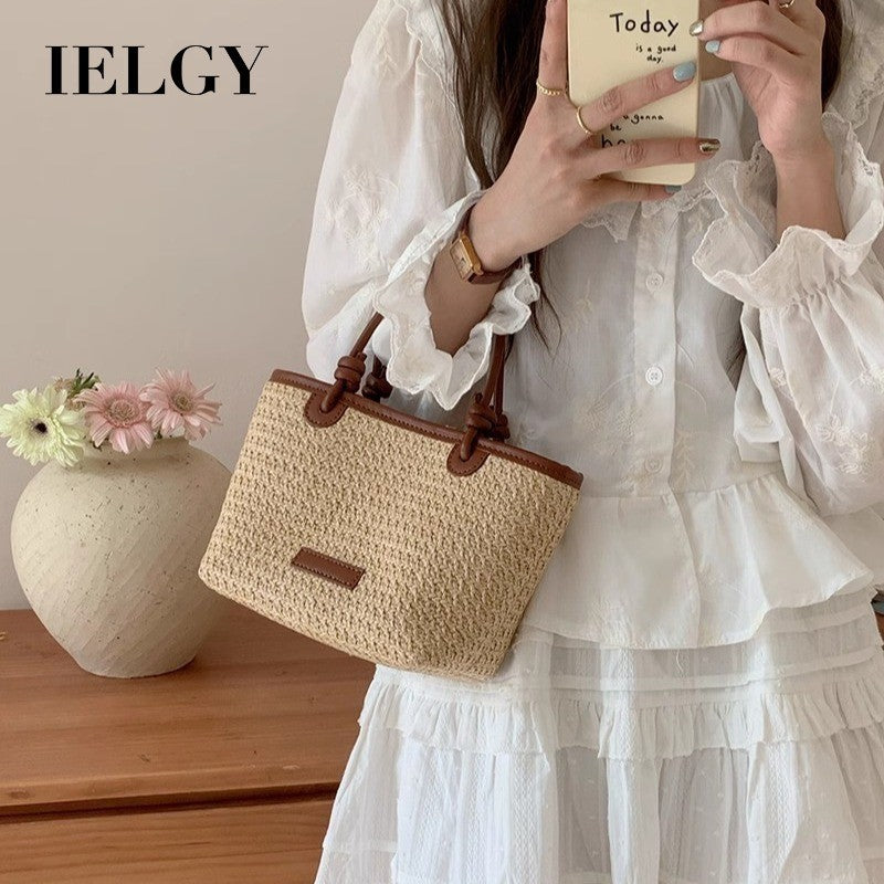 Ielgy Beach Style Portable Woven Small Bag Shoulder Cross-body Vegetable Basket Bucket Straw Bag