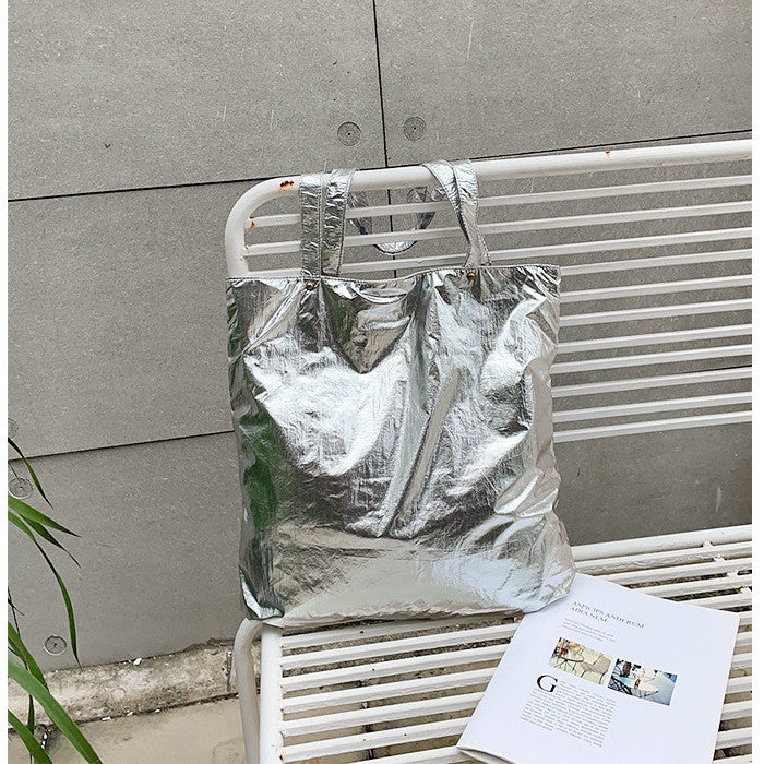 Ielgy Korean Version Casual Retro Tin Foil Handbag Fashion Nylon Solid Color Literary Platinum Shoulder Bag