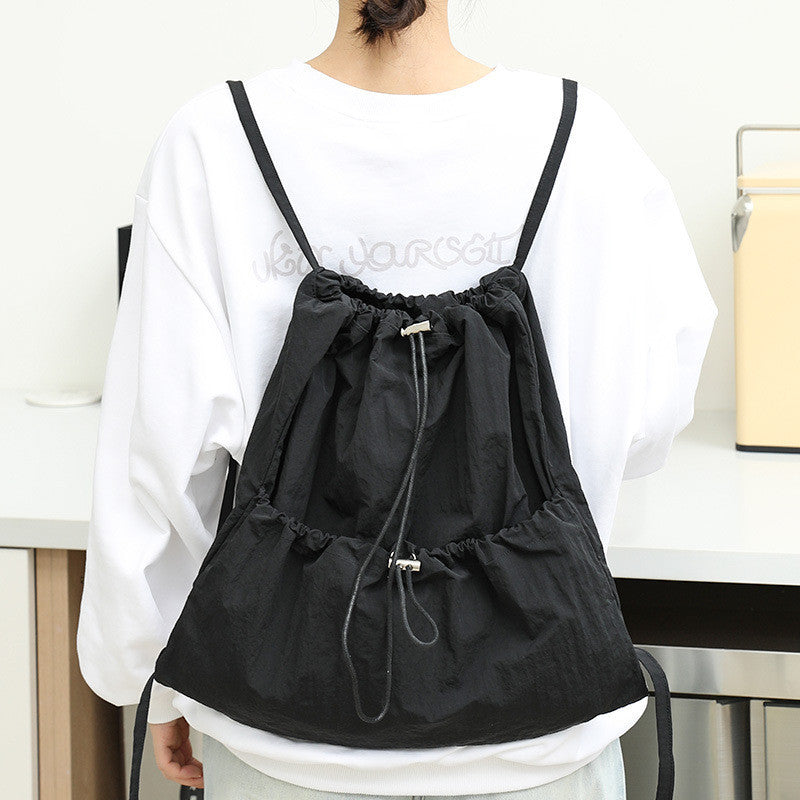 Ielgy Japanese Casual Art Canvas Backpack Fashion Drawstring Pleated School Bag Nylon Large-Capacity Backpack Khaki