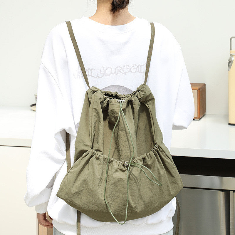 Ielgy Japanese Casual Art Canvas Backpack Fashion Drawstring Pleated School Bag Nylon Large-Capacity Backpack Khaki