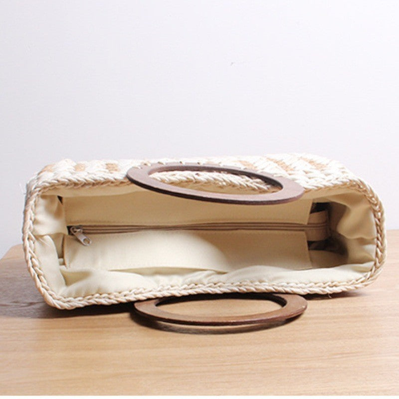 Ielgy Ladies Retro Striped Straw Bag Mori Series Large Capacity Vacation Rattan Beach Bag