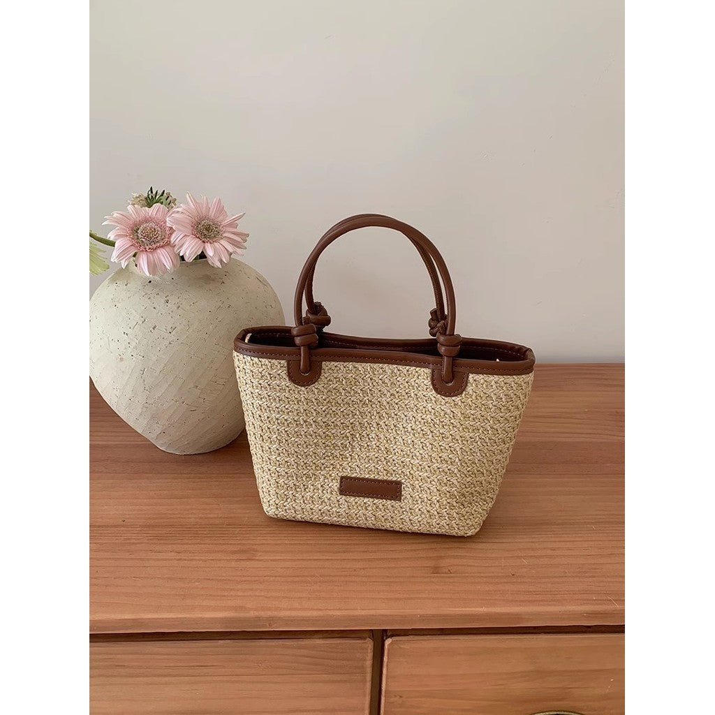 Ielgy Beach Style Portable Woven Small Bag Shoulder Cross-body Vegetable Basket Bucket Straw Bag