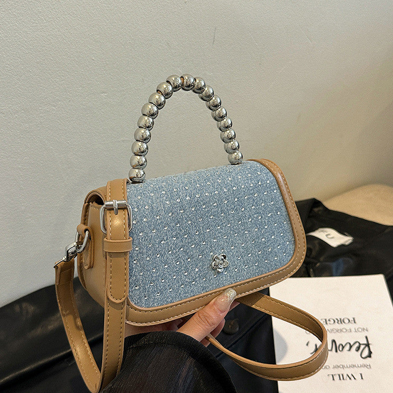 Ielgy Beaded Portable Denim Small Square Bag Summer All-Match Texture Fashion One-Shoulder Messenger Bag