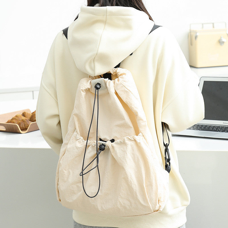 Ielgy Korean Version Casual Literary Canvas Backpack Fashion Nylon Large Capacity School Bag Drawstring Pleated Backpack