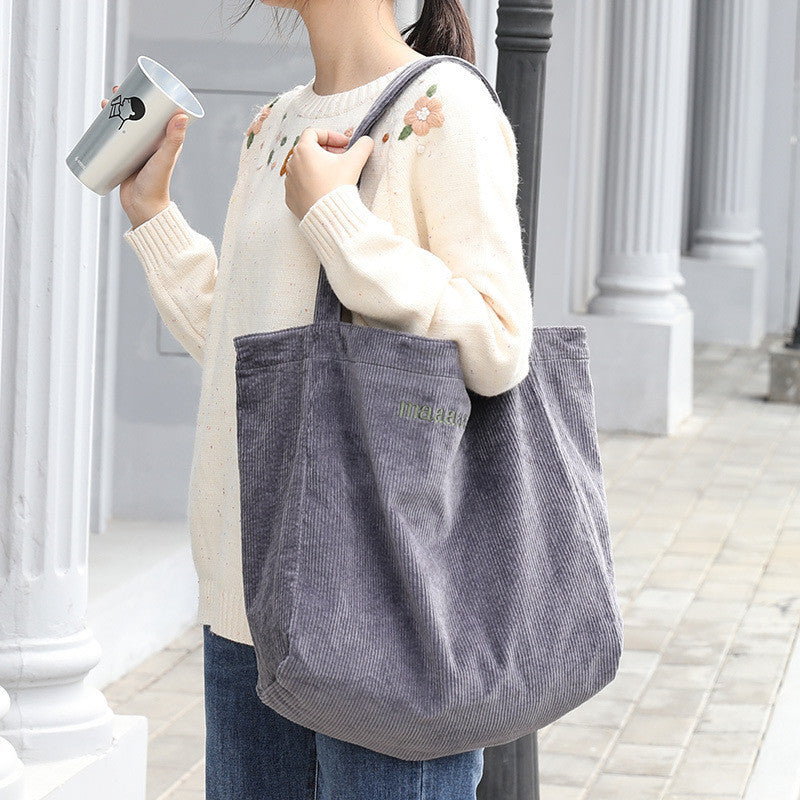 Ielgy Japanese Casual Literary Handbag Letter Embroidery Canvas Shopping Bag Fashion Corduroy Shoulder Bag