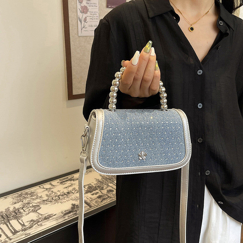 Ielgy Beaded Portable Denim Small Square Bag Summer All-Match Texture Fashion One-Shoulder Messenger Bag