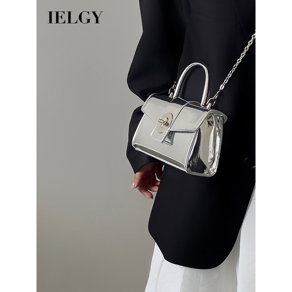 Ielgy Ladies Patent Leather Silver Locomotive Small Square Bag Hot Girl Fashion All-Match One-Shoulder Messenger Bag