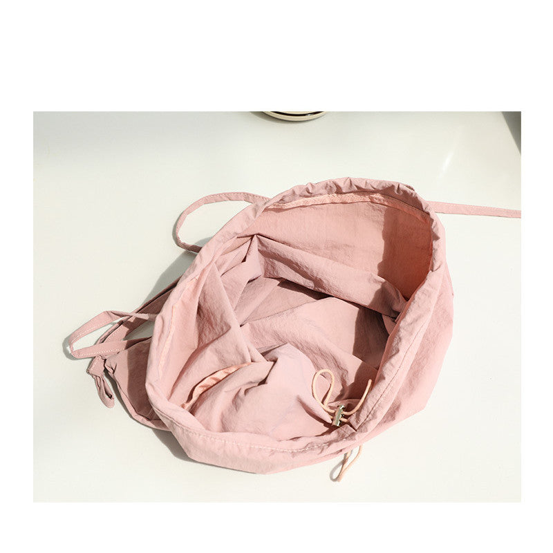 Ielgy Japanese Casual Art Canvas Backpack Fashion Drawstring Pleated School Bag Nylon Large-Capacity Backpack Khaki