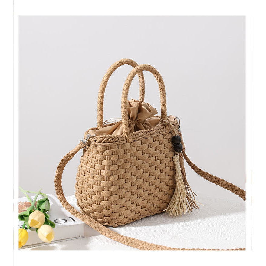 Ielgy Straw Bag Cute Handmade Bucket Rattan Bag One Shoulder Messenger Woven Bag