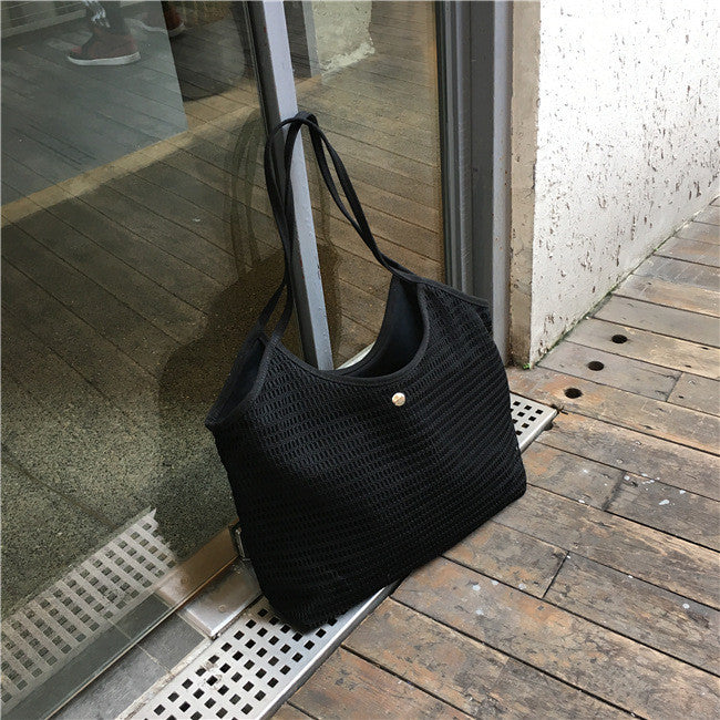 Ielgy Ladies Korean Version Canvas Beach Bag Small Fresh Large Capacity Fishnet Tote Bag