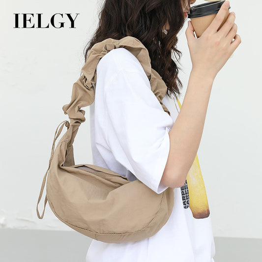 Ielgy Korean Version Casual Literary One-Shoulder Female Bag Pleated Nylon Dumpling Bag Fashion Drawstring Canvas Messenger Bag