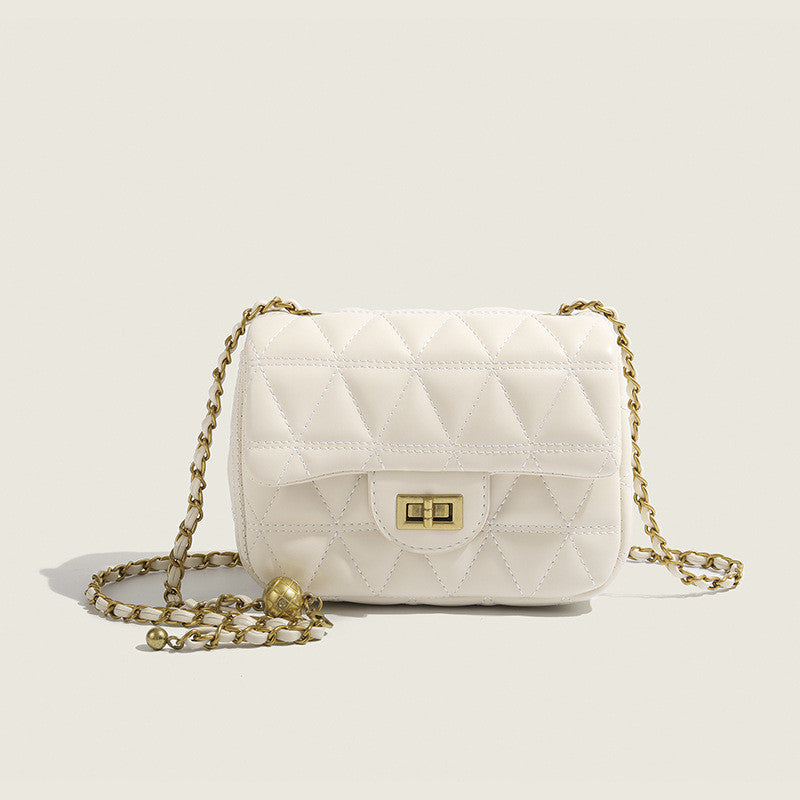 Ielgy Ladies White Messenger Bag All-Match Small Golden Ball Diamond Chain Small Square Bag