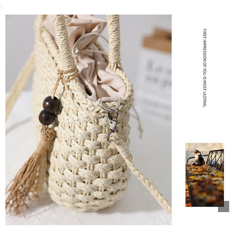 Ielgy Straw Bag Cute Handmade Bucket Rattan Bag One Shoulder Messenger Woven Bag