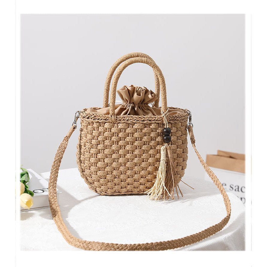 Ielgy Straw Bag Cute Handmade Bucket Rattan Bag One Shoulder Messenger Woven Bag