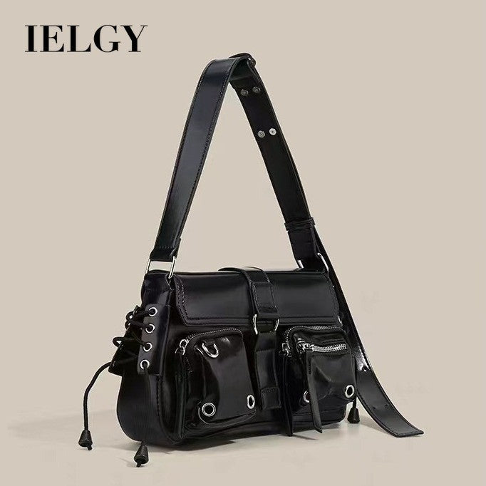 Ielgy High-End Feeling Black Motorcycle Bag Sweet Cool Hot Girl Baguette Bag Niche One-Shoulder Messenger Underarm Bag