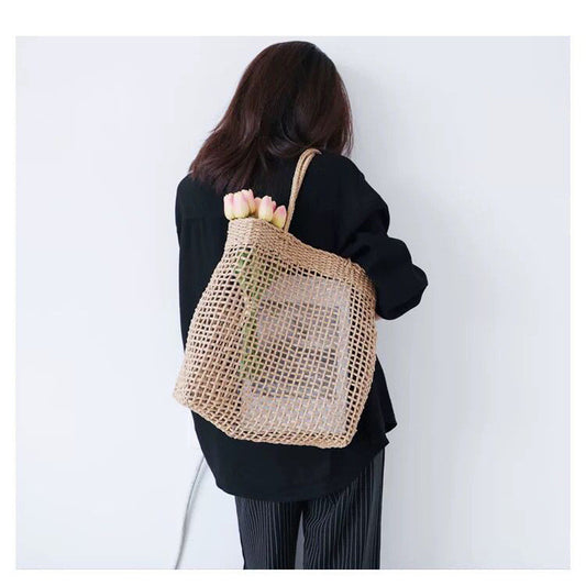 Ielgy Korean Style Large-Capacity Straw Beach Bag Hollow One-Shoulder Portable Woven Female Bag Seaside Vacation