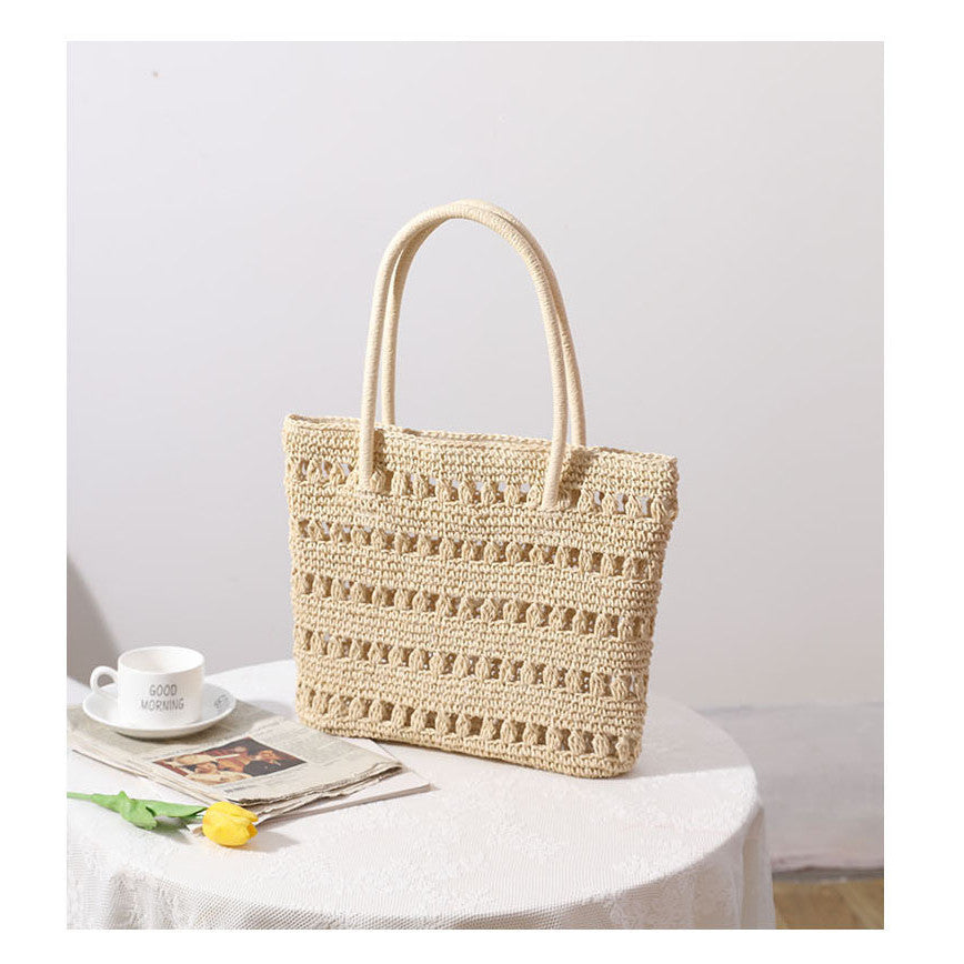 Ielgy Large-Capacity Straw Bag Hollow Classy One-Shoulder Portable Woven Female Bag Vacation Rattan