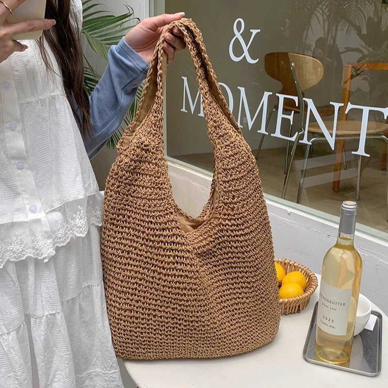 Ielgy Seaside Vacation Straw Bag Beach Bag One Shoulder Mori Style Hand-woven Bag Large Capacity