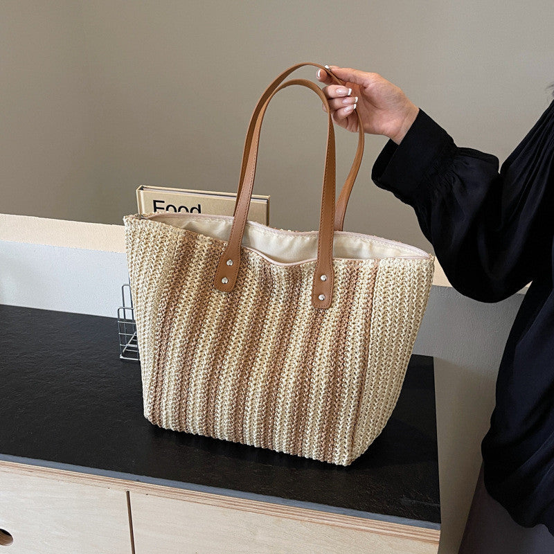 Ielgy Retro Large-Capacity Straw Woven One-Shoulder Texture Woven Beach Vacation Tote Bag