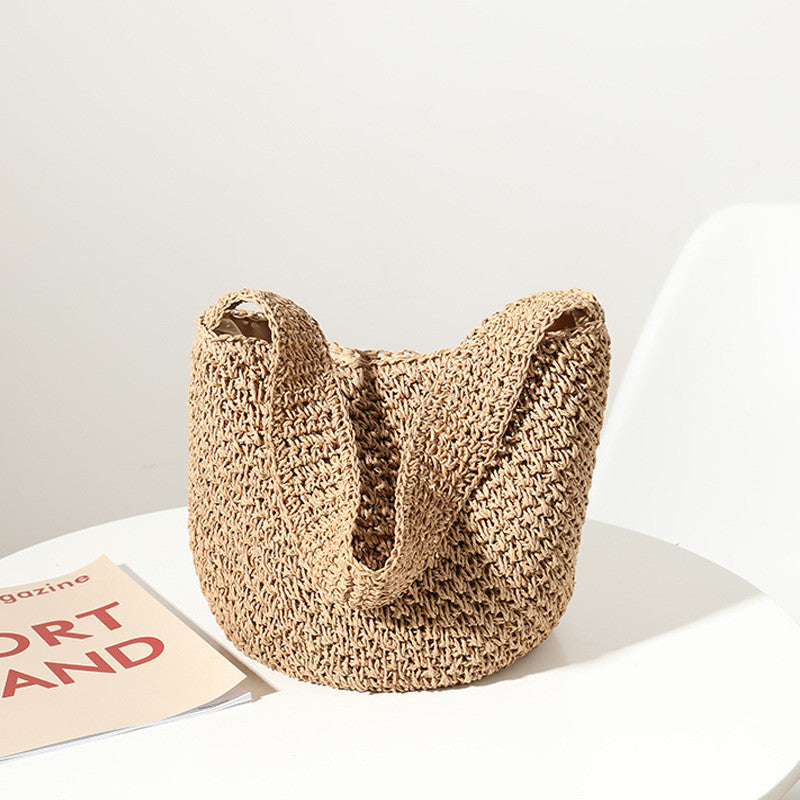 Ielgy Ladies Hand-Woven Bucket Bag Seaside Vacation Beach Bag