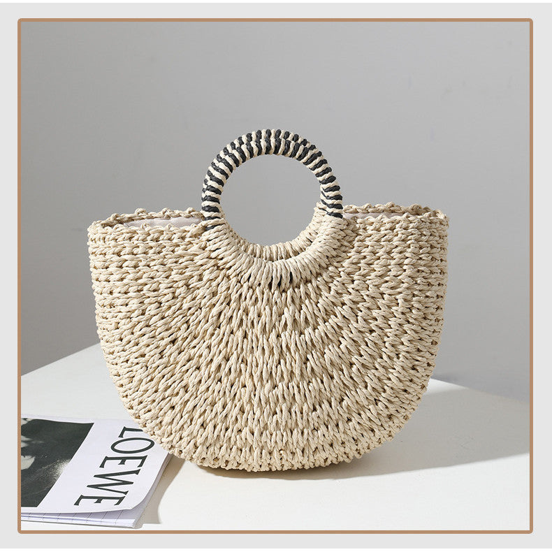 Ielgy Ladies Retro Straw Woven Portable Semicircle Shell Hand-Woven Seaside Vacation Beach Bag