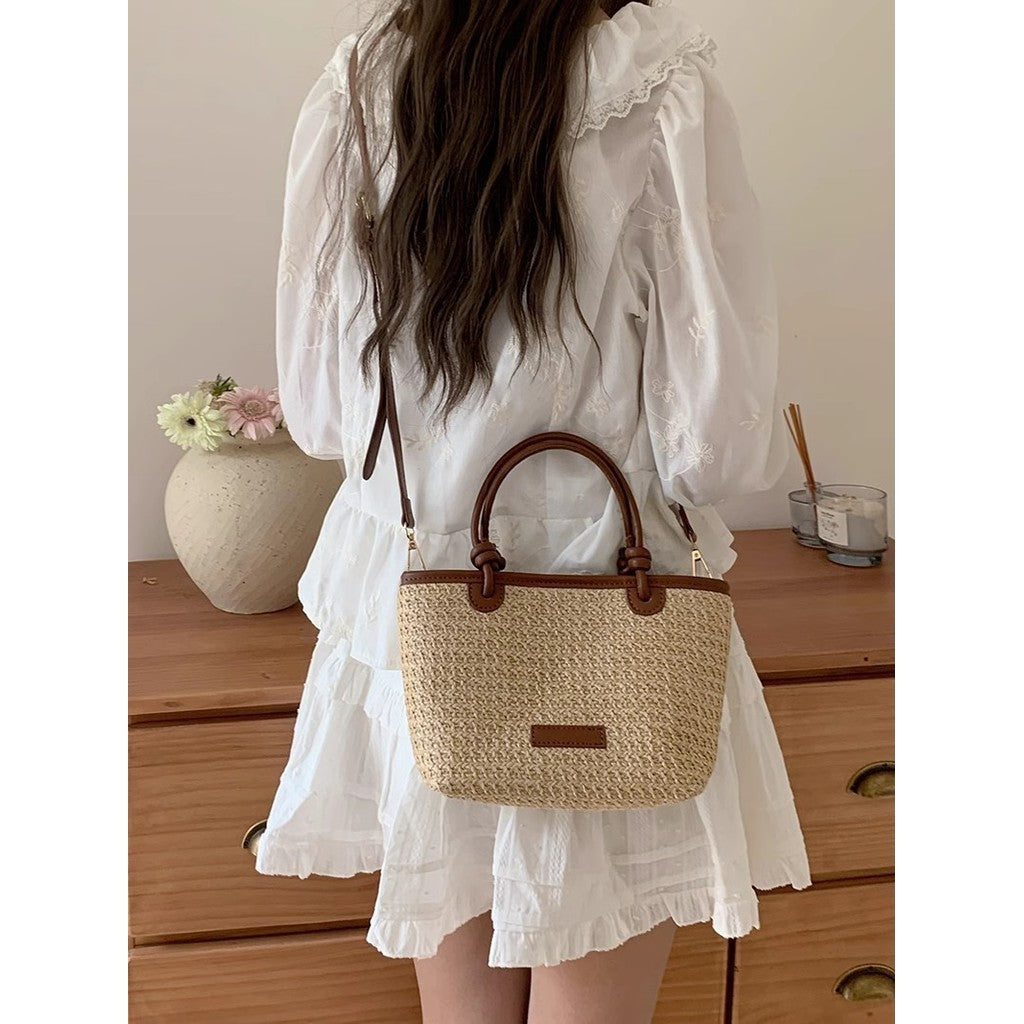 Ielgy Beach Style Portable Woven Small Bag Shoulder Cross-body Vegetable Basket Bucket Straw Bag