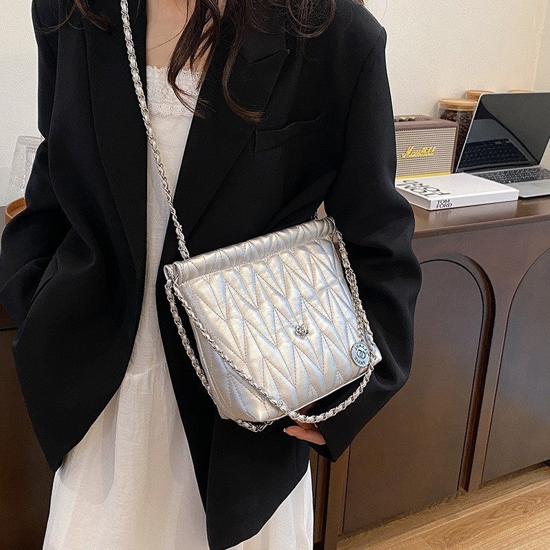 Ielgy Ladies Silver Simple Fashion Handbag Solid Color Child-Mother Bag High-Quality Trendy Classy Messenger Bag
