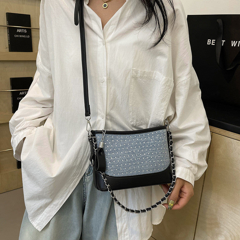Ielgy Contrast Color Denim Bag All-Match Chain Cross-Body Bucket Bag