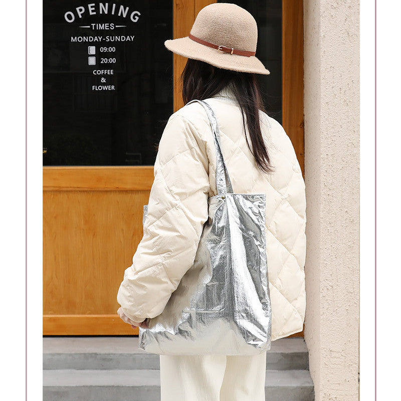 Ielgy Korean Version Casual Retro Tin Foil Handbag Fashion Nylon Solid Color Literary Platinum Shoulder Bag