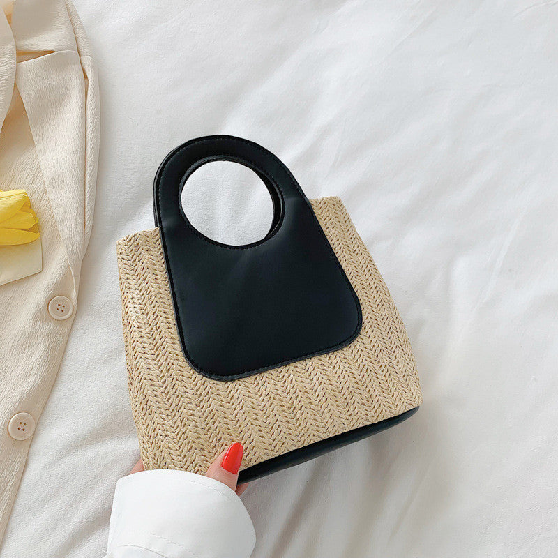 Ielgy Ladies Retro Contrast Color Stitching Straw Bag Large Capacity Hand-Woven Bag Simple Fashion One-Shoulder Handba