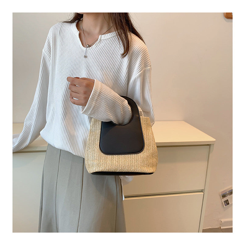 Ielgy Ladies Retro Contrast Color Stitching Straw Bag Large Capacity Hand-Woven Bag Simple Fashion One-Shoulder Handba