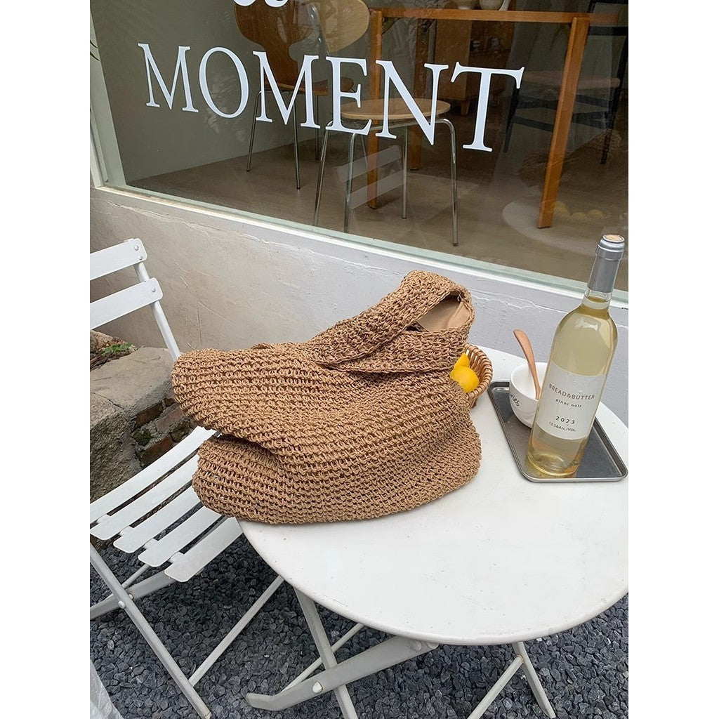 Ielgy Seaside Vacation Straw Bag Beach Bag One Shoulder Mori Style Hand-woven Bag Large Capacity