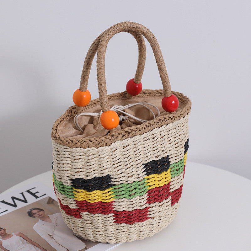 Ielgy Cute Wooden Bead Portable Straw Bag Small Fresh Colorful Lattice Hand-Carrying Woven Bag Fruit Picnic Basket Beach Bag