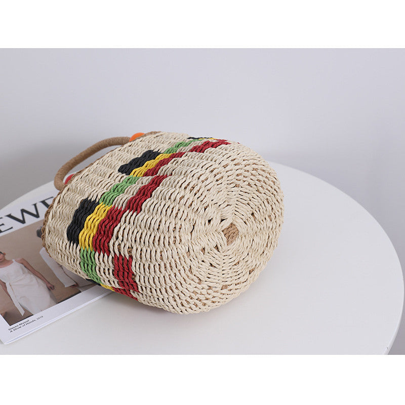 Ielgy Cute Wooden Bead Portable Straw Bag Small Fresh Colorful Lattice Hand-Carrying Woven Bag Fruit Picnic Basket Beach Bag