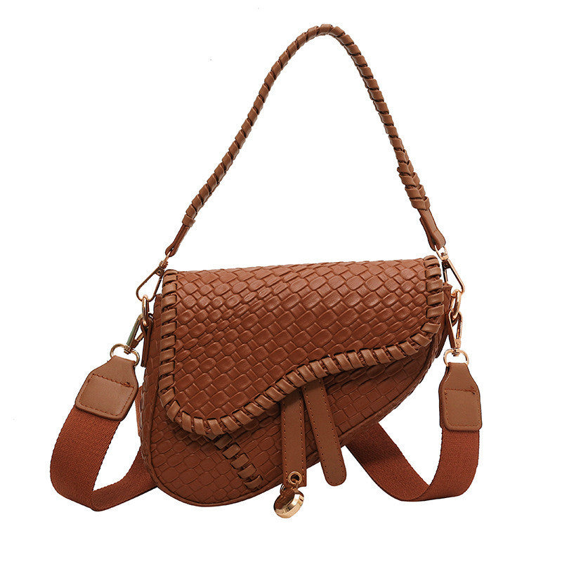 Ielgy Ladies Fashion One-Shoulder Messenger Bag Imitation Woven Fabric Large-Capacity Portable Saddle Bag