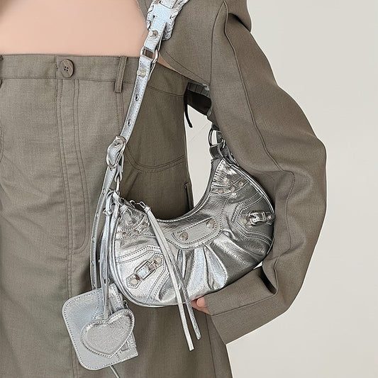 Ielgy Fashion Trendy Motorcycle Bag Underarm Bag Rivet Tassel High-End Feeling Pleated Shoulder Messenger Female Bag