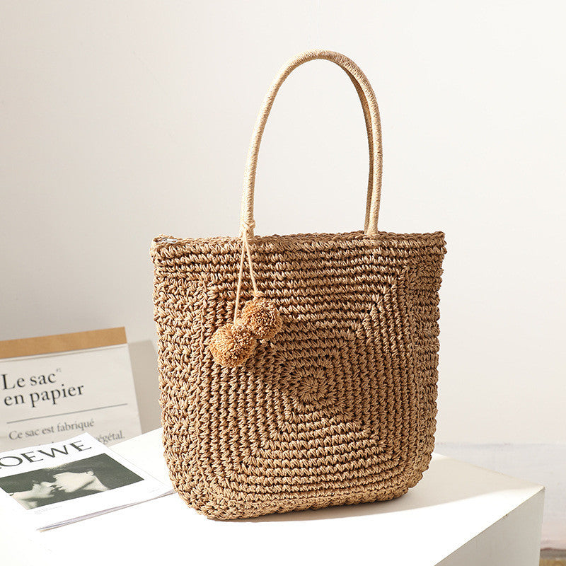 Ielgy Cute Fur Ball Straw Bag All-Match Large-Capacity Hand-Woven One-Shoulder Portable Be