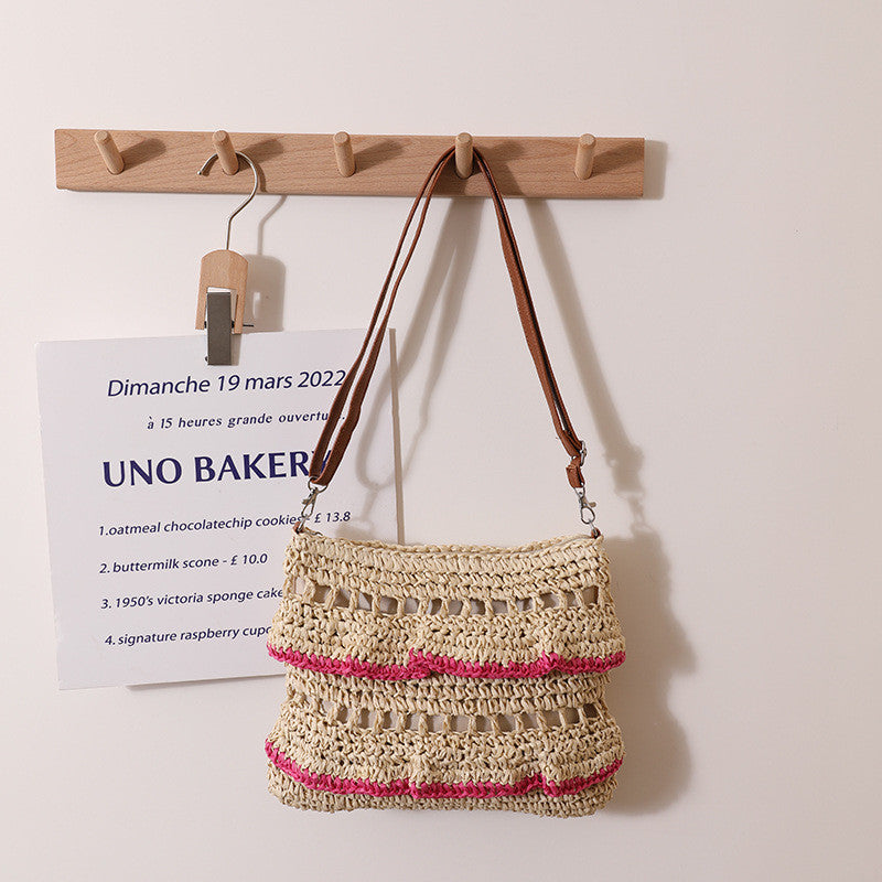 Ielgy Cross-Body Lace Straw Bag Ruffled Colorful Woven Bag Seaside Beach Vacation Bag