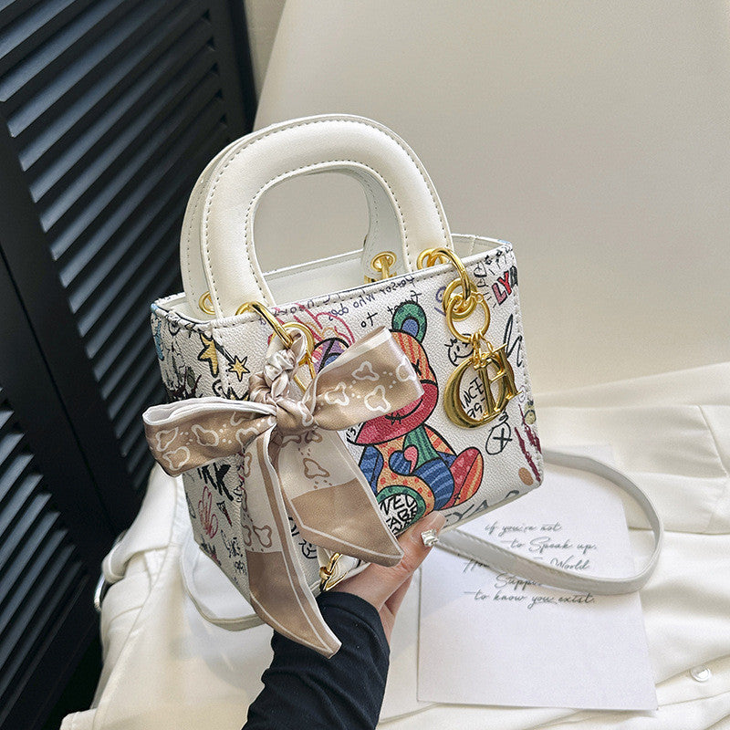 Ielgy Ladies Fashion Silk Scarf Graffiti Contrast Color Diana Bag Portable One-Shoulder Diagonal